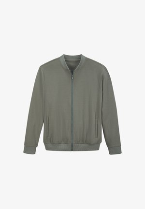 Light green textured zip-up jacket with ribbed collar, cuffs, and hem, featuring side slit pockets and long sleeves.
