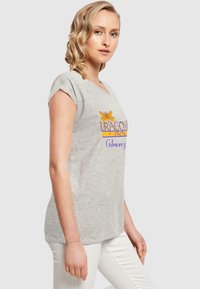 Šedé bavlněné tričko s krátkými ohrnutými rukávy, na kterém je grafika motýla a text "DRAGONFLY" a "Gilmore Girls" v purpurové a oranžové barvě.