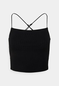 Top corto nero a costine con spalline sottili incrociate sulla schiena, scollo quadrato e una silhouette aderente.
