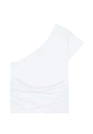 Asymmetrisches weißes Oberteil mit einem kurzen Ärmel, gerafftem Rüschendetail auf der linken Seite und glatter Textur. Hergestellt aus einem leichten Stoff.