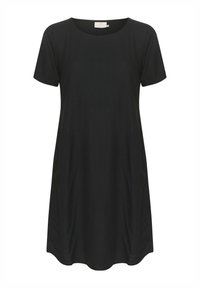 Schwarzes Kurzarmkleid aus weichem Stoff, mit rundem Ausschnitt, lockerer Passform und seitlichen Taschen. Glatte Textur ohne Muster.
