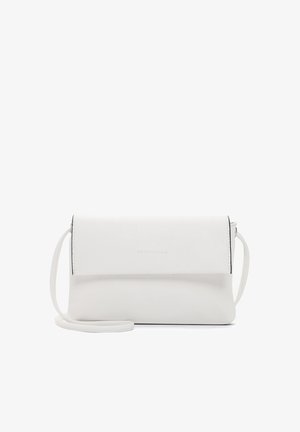 White leather crossbody bag with a smooth texture, flap closure, and a slim silhouette. Features a long adjustable strap and embossed logo.