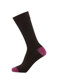 Black sock with a solid design, featuring a contrasting pink heel and toe. Made of soft material, it has a ribbed cuff for comfort.