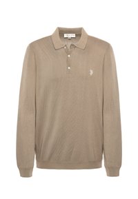 Polo a maniche lunghe beige in tessuto lavorato a maglia, con patta a tre bottoni, polsini a costine e un logo discreto sul petto.