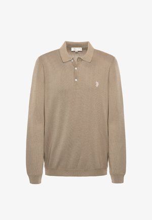 Polo shirt beige a manica lunga, texture a costine, placca con tre bottoni e logo ricamato sul petto sinistro. Tessuto morbido con una vestibilità comoda.