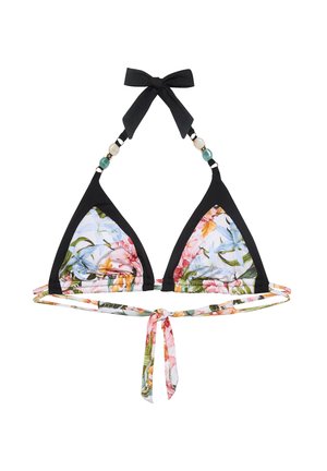 Trójkątny top od bikini z czarnymi lamówkami, tkaniną w kwiaty, koralikowymi ramiączkami i wiązaniem na karku oraz na plecach.
