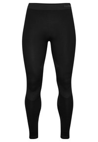 Leggings de sport noirs avec une texture lisse, dotés d'une taille côtelée et d'accents en motif géométrique le long des jambes.
