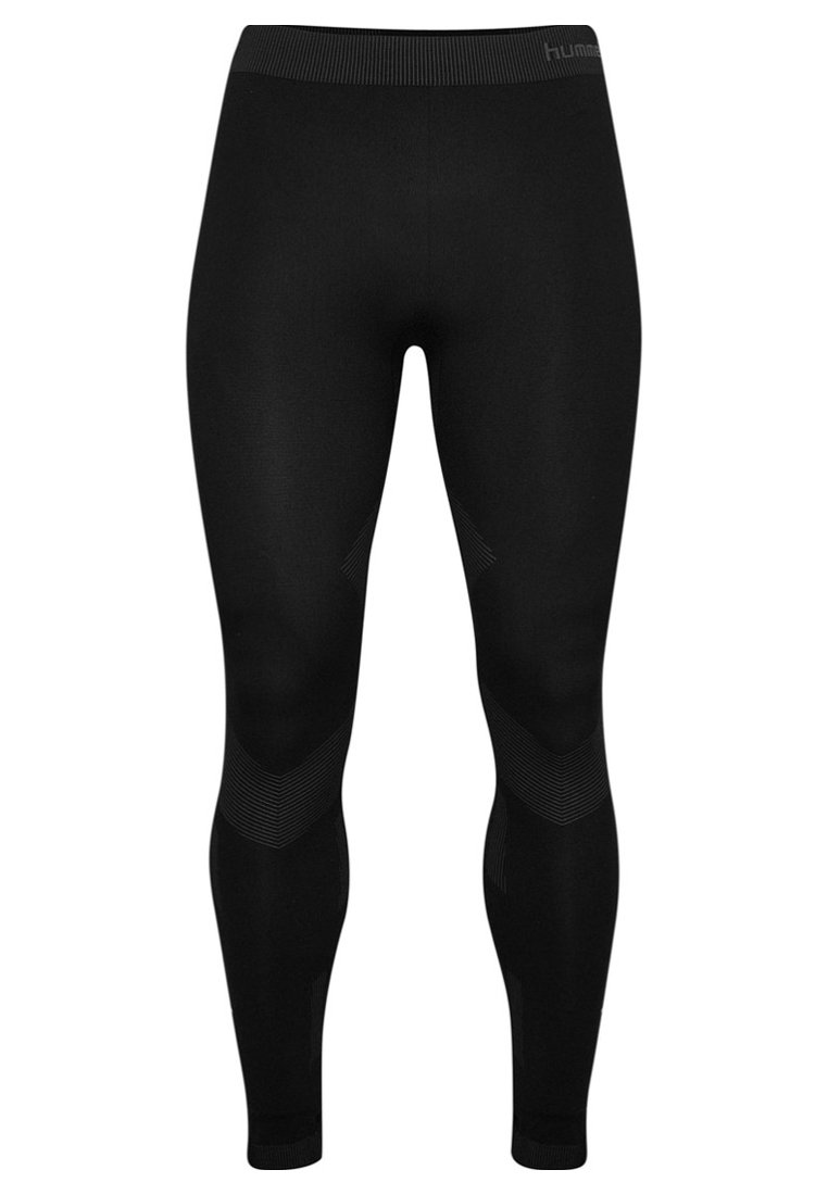 Leggings de sport noirs avec une texture lisse, dotés d'une taille côtelée et d'accents en motif géométrique le long des jambes.