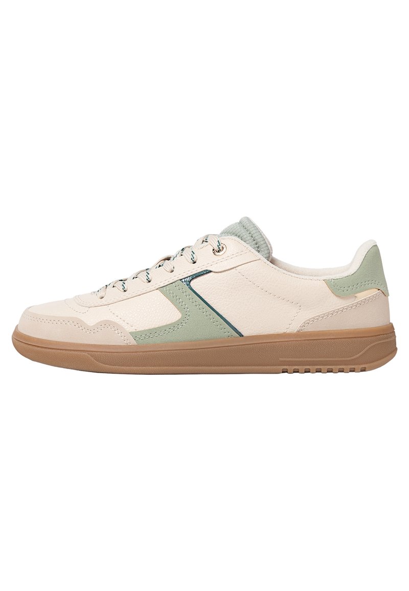 Sneakers with a cream leather upper, green accents, and contrasting dark blue detailing. Rubber sole with a textured grip.