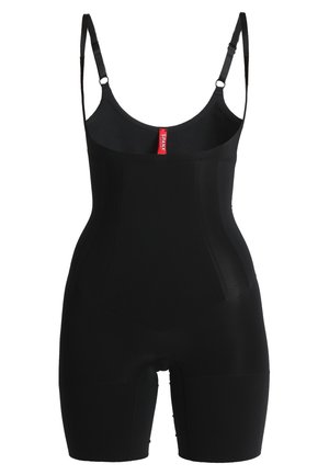 Svart shapewear bodysuit med justerbare stropper, en glatt tekstur og et tettsittende design med formende paneler for støtte.