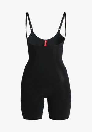 Crni oblikovni bodysuit s podesivim trakama, glatkom teksturom i prilagođenim dizajnom s oblikovnim panelima za podršku.