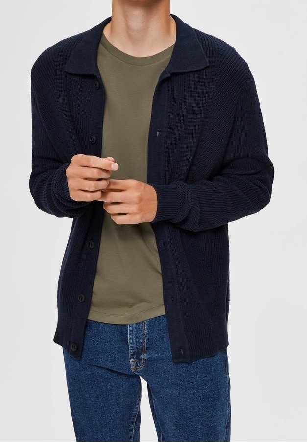 Marinblå stickad kofta med krage, framknappar och ribbat mönster, över en olivgrön T-shirt och blå jeans.