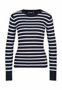 Marineblau-weiß gestreifter Langarm-Pullover mit geripptem Muster und rundem Ausschnitt. Mit kleinem goldenen Logo am Saum.
