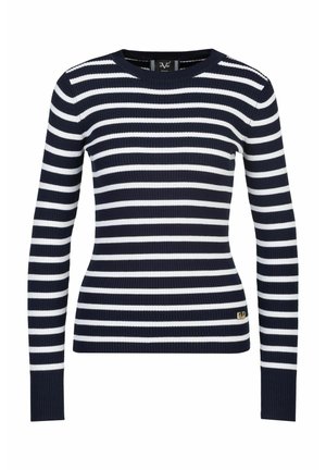 Sweater à rayures bleu marine et blanches à manches longues avec une texture côtelée et un col rond. Présente un petit logo doré au niveau de l'ourlet.