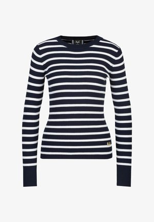 Marineblau-weiß gestreifter Langarm-Pullover mit geripptem Muster und rundem Ausschnitt. Mit kleinem goldenen Logo am Saum.