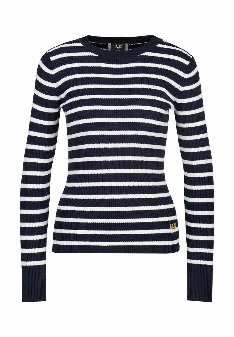 Marineblau-weiß gestreifter Langarm-Pullover mit geripptem Muster und rundem Ausschnitt. Mit kleinem goldenen Logo am Saum.