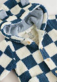 Blau- und cremefarbener karierter Fleece-Jacke mit Kapuze, ausgestattet mit Bärenohren, gestreifter Innenauskleidung und Holzknöpfen zum Schließen.