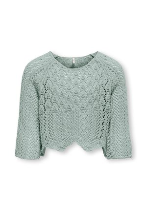 Light green knitted cropped sweater with a scalloped hem and three-quarter length sleeves, featuring an intricate lace pattern.