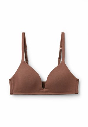 Braunes Triangel-BH mit verstellbaren Trägern, gefertigt aus glattem Stoff. Verfügt über einen kleinen Ausschnitt in der Mitte für ein einzigartiges Designelement.