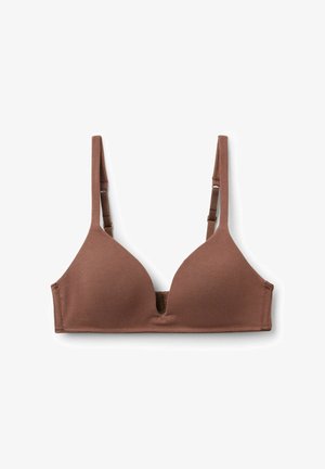 Braunes Triangel-BH mit verstellbaren Trägern, gefertigt aus glattem Stoff. Verfügt über einen kleinen Ausschnitt in der Mitte für ein einzigartiges Designelement.