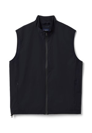 Zwarte mouwloze bodywarmer met ritssluiting, opstaande kraag en ritssluitingen aan beide zijden, ontworpen als lichtgewicht bovenkleding.