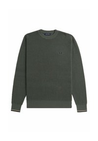 Maglione verde a costine con scollatura a girocollo, polsini e orlo a costine. Presenta un sottile logo accennato sul petto. Tessuto morbido.