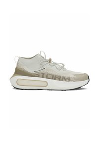 Scarpa da ginnastica leggera di colore beige con tomaia in maglia, dettagli decorativi e suola spessa e ammortizzata. Presenta lacci elastici e tallone rinforzato.