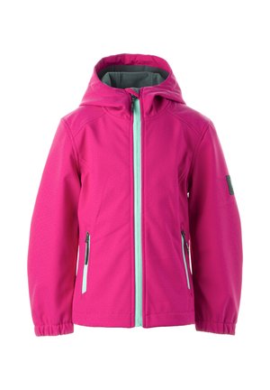 Felroze waterdichte kinderjas met capuchon, lichtblauwe rits en ritszakken, elastische manchetten en een zachte grijze voering.