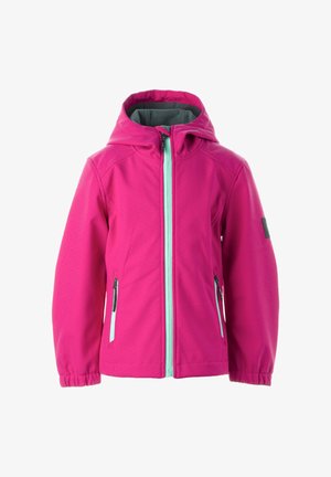 Felroze waterdichte kinderjas met capuchon, lichtblauwe rits en ritszakken, elastische manchetten en een zachte grijze voering.