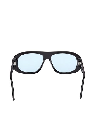 Černé sluneční brýle s obdélníkovými čočkami. Světle modré zabarvení skel a elegantní černé rámy. Hladký povrch s tenkými, rovnými nožičkami.