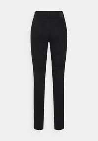 Black jeans with a straight leg design, featuring two back pockets, a smooth texture, and a subtle waistband detailing.