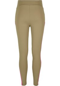 Olivengrønne leggings med en glat tekstur, prydet med kontrasterende lyserøde sideløkker. Designet med en høj talje for en sikker pasform.
