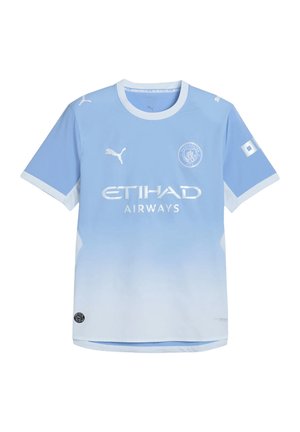 Lyseblå Manchester City fodboldtrøje med hvidt Puma-logo, Etihad Airways sponsortekst og klubemblem på brystet.