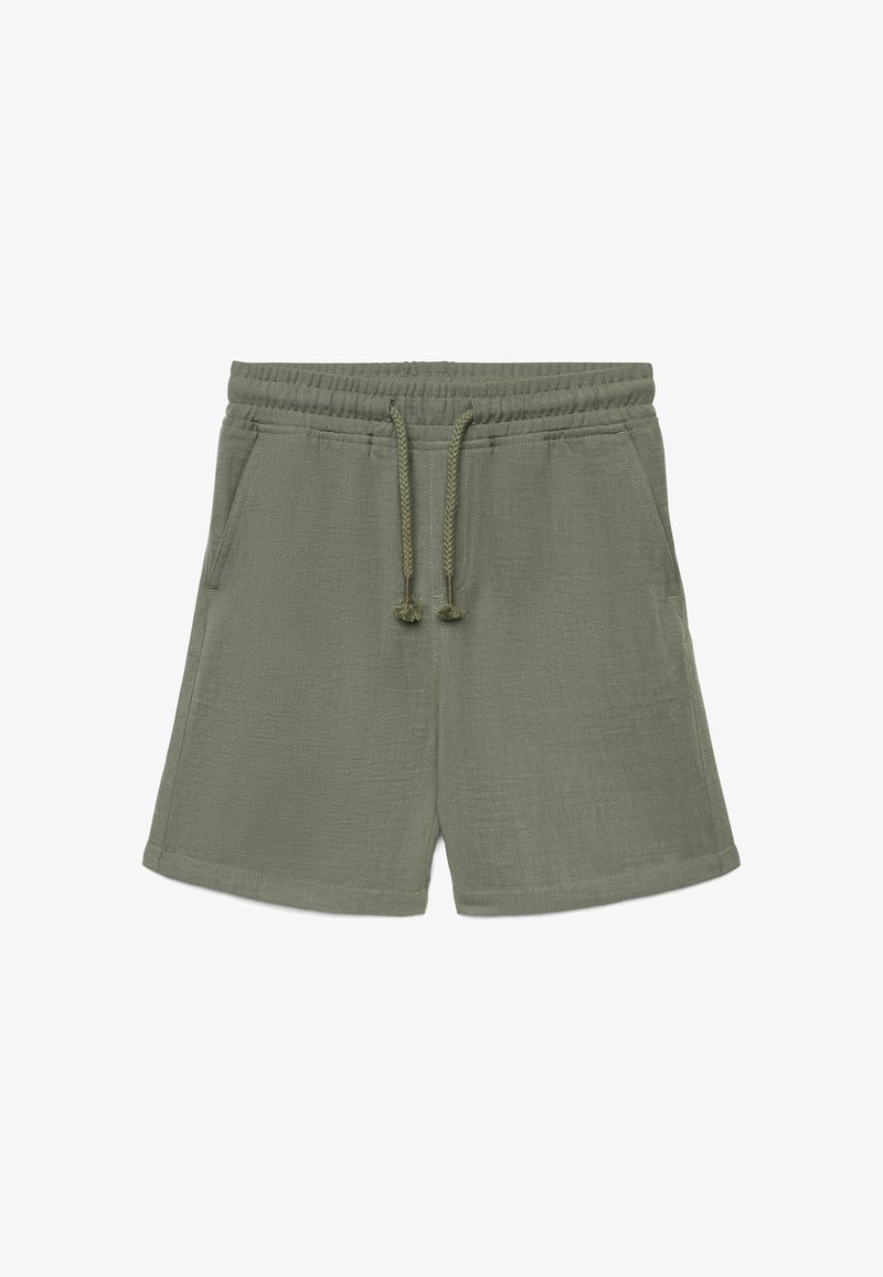 Pantaloncini verde oliva realizzati in tessuto strutturato, con una cintura elastica con coulisse e tasche laterali per funzionalità.