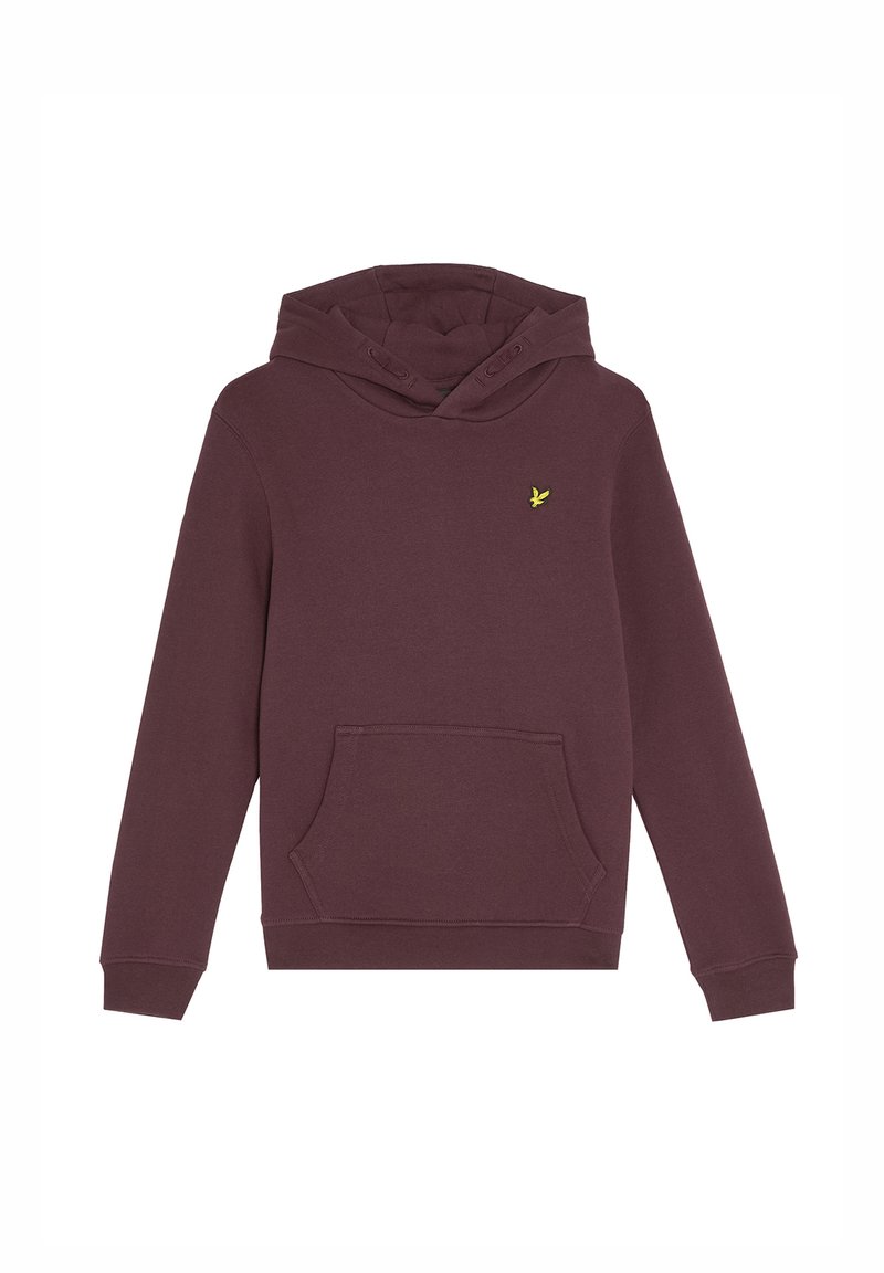Felpa color bordeaux realizzata in misto cotone, con tasca frontale, cappuccio con coulisse e piccolo logo giallo sul petto.