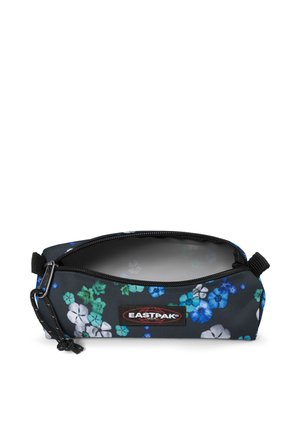 Schwarzes Eastpak Täschchen mit blauem, grünem und weißem Blumenmuster, teilweise geöffnet mit Blick auf Innenraum und Reißverschluss mit Kordelschlaufe.