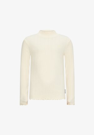 Cremfarbener, gerippter Rollkragenpullover mit langen Ärmeln, ausgestattet mit einem dezenten Logo auf der Brust und einem welligen Saum. Hergestellt aus weichem, leichtem Stoff.