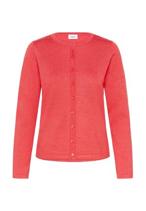 Korallfärgad cardigan i mjukt stickat material, med rund halsringning, långa ärmar och framknäppning med matchande knappar.