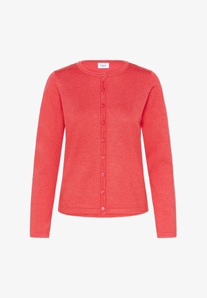 Korall színű, puha kötött anyagból készült kardigán, kerek nyakkivágással, hosszú ujjakkal és elöl gombos zárással, illeszkedő gombokkal.