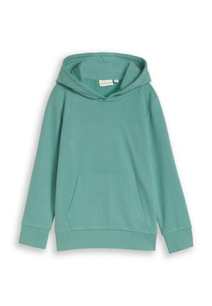 Effen mintgroene hoodie met capuchon, voorzak en geribbelde boorden en zoom, plat liggend op een witte achtergrond.