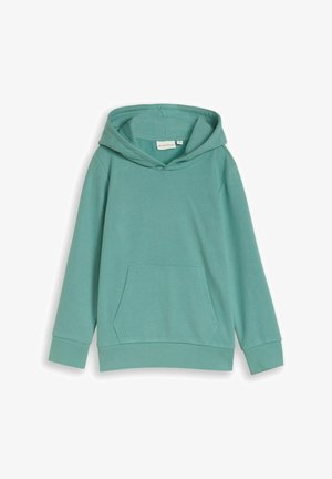 Schlichter mintgrüner Kapuzenpullover mit vorderer Kängurutasche sowie gerippten Bündchen an Ärmeln und Saum, flach auf weißem Hintergrund liegend.
