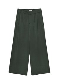 Pantalons larges vert foncé en tissu doux, avec une devant plissé, des passants de ceinture et une taille lisse.