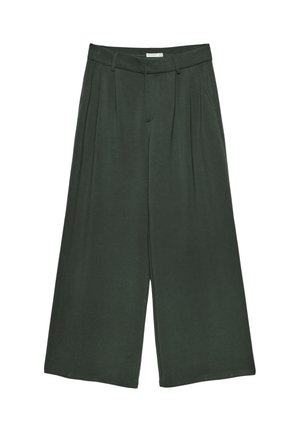 Pantalons larges vert foncé en tissu doux, avec une devant plissé, des passants de ceinture et une taille lisse.