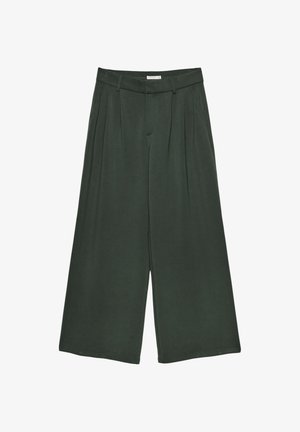 Temno zeleni široki hlače z mehko teksturo, ki imajo naborke spredaj, zanke za pas in gladek pas.