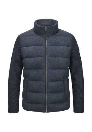 Dunkelgraue gesteppte Weste mit Frontreißverschluss und hohem Kragen, mit strukturierten, gestrickten dunklen Ärmeln und Seitentaschen.