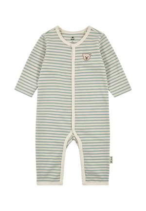 Langärmliger Baby-Strampler mit hellblauen und weißen Streifen, Druckknöpfen vorne und einem kleinen, auf der Brust aufgestickten Bärengesicht.