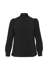 Zwart langwerpig T-shirt met hoge hals, voorzien van geplooide manchetten en een gestructureerde stof die een subtiel patroon door het geheel creëert.