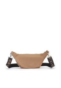 Beige Nylon Hüfttasche mit runder Form, ausgestattet mit einem schwarzen Tragegurt mit goldener Beschriftung und silbernem Zubehör zur Anpassung.