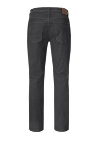 Dunkelgraue Jeans aus Denim mit geradem Bein, ausgestattet mit zwei Gesäßtaschen und einem braunen Lederpatch am Bund. Glatte Textur.