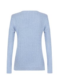 Maglione a coste blu chiaro con maniche lunghe, caratterizzato da un collo rotondo e un motivo di tessuto testurizzato. Design piatto senza chiusure.